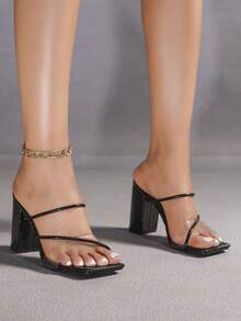 Women's Black Square Toe Chunky Heel Transparent Strap Sexy High Heel Sandals, Height-Enhancing Leg-Lengthening Fashion Versatile Comfortable Shoes - Black - View 7
