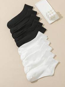 10 Pares de Meias Esportivas Femininas de Cano Médio, Respiráveis e de Cor Sólida para o Verão - Preto e Branco - Visão 3