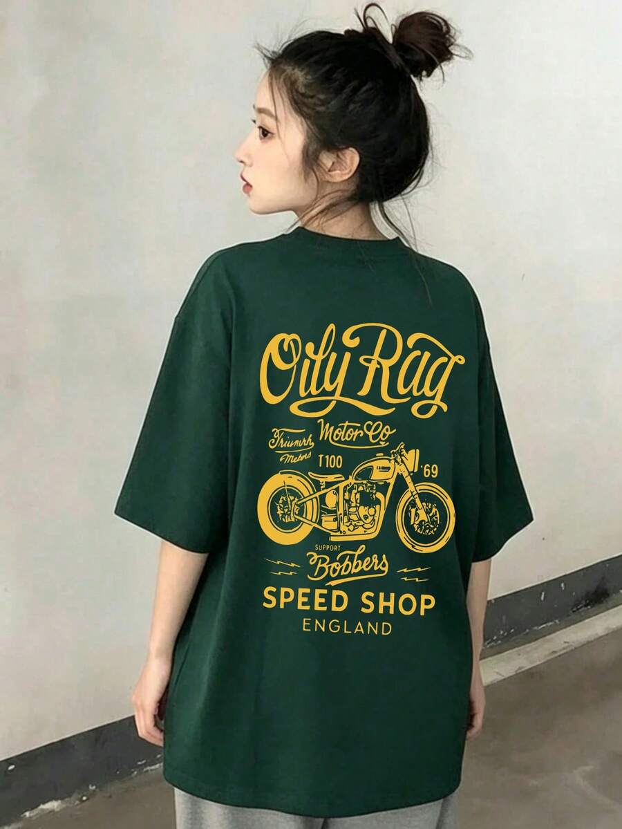 新款夏季 Z-Gen Y2K 風格女款趣味金色摩托車印花圓領短袖 T 恤休閒款 - 墨綠色 - 查看 1