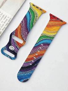 1件時尚彩色彩虹印花矽膠錶帶，適用於 38/40/41/42/44/45/46/49mm Series 1-11，女款時尚替換錶帶 - 彩虹色 - 查看 3