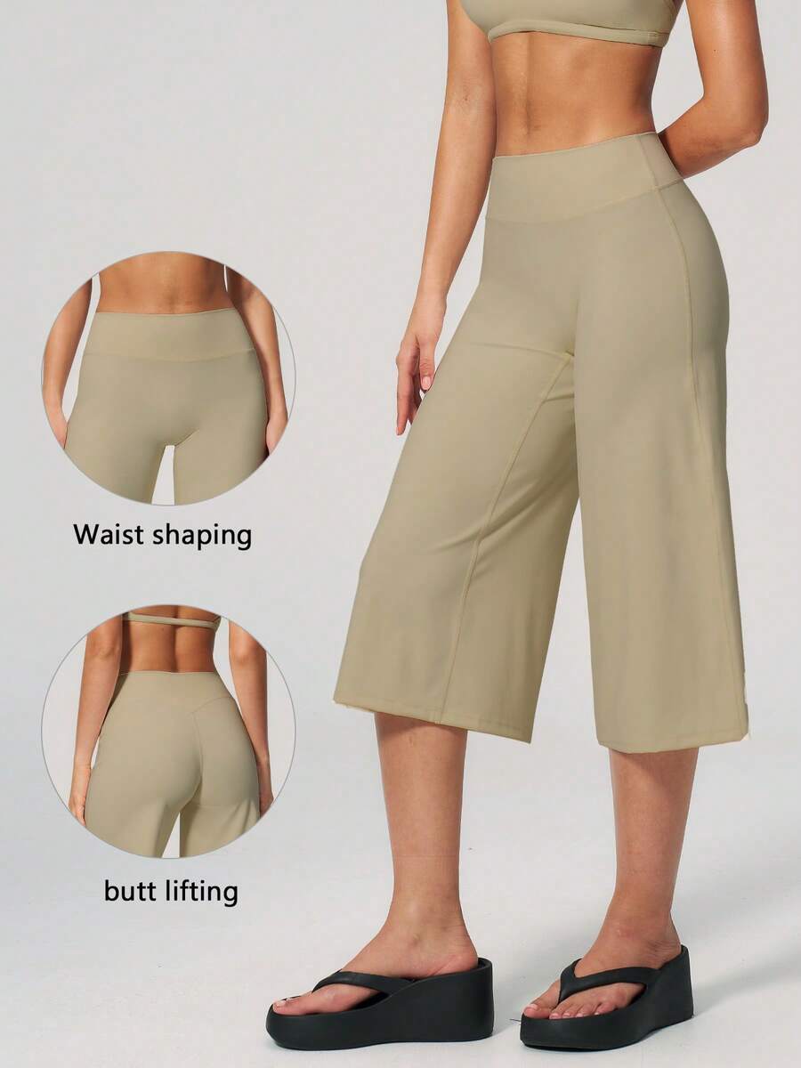 TimeOff Celana Olahraga Wanita 1 Potong Warna Polos Pengontrol Perut Kaki Lebar Panjang Sedang - Khaki - View 1