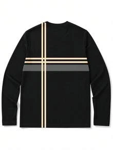 Men's Solid Color Base Premium Contrast Color Horizontal & Vertical Striped Casual Long Sleeve T-Shirt | Loose Fit Comfortable Top Versatile - Black - View 4