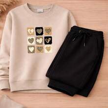 Conjunto moletom juvenil e infantil meninas coração onça blusa de frio e calça moletom premium - Bege - Visão 2