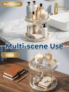 1 pieza Organizador de maquillaje multifuncional con decoración de diamantes de imitación y rotación de 360°, estante de almacenamiento de cosméticos con rotación de 360° y diamantes de imitación, organizador de tocador y cuidado de la piel de doble capa, bandeja de almacenamiento giratoria con diamantes de imitación rosa brillante y estilo femenino, organizador de escritorio de gran capacidad para cuidado de la piel, lápiz labial y maquillaje - Multicolor - Ver 5