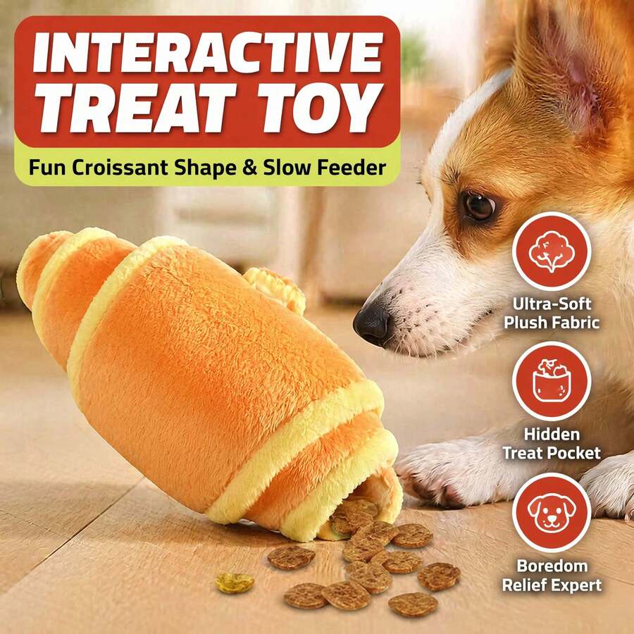 Realistic Baguette Croissant Dog Toy | 2-In-1 Squeaky Treasure Search + Scent Training | Separation Anxiety Relief For Small/Medium Dogs | Chew Toy, No Battery Needed