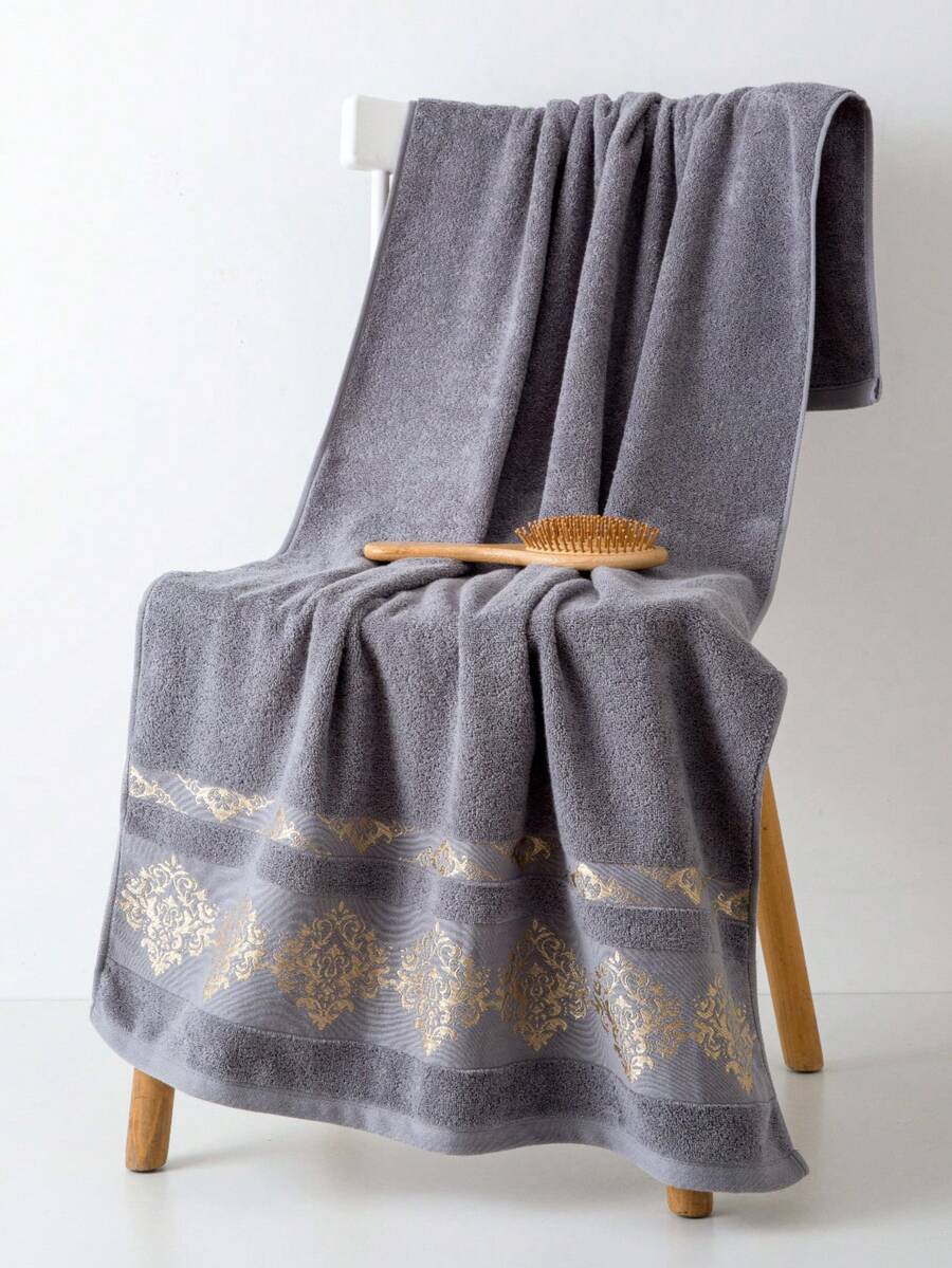 1pc Grey Pure Cotton Thin Bath Towel/Small Towel/Handkerchief, European Floral Pattern, Quick Dry Absorbent, Unisex, Suitable For All Seasons, Ideal For Bathroom, Travel, Vacation, Gift, School, Hotel And Home Use