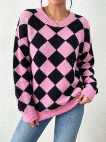 Große Größen Rosa & Schwarz Argyle Muster Rundhals Langarm Pullover für Frauen, perfekt für Winter & Preppy Stil Urlaub Herbst - Verschiedenfarbig - Übersicht 5