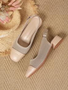 Women's Breathable Mesh & Leather Patchwork Square Toe Chunky Low Heel Back Strap Knit Apricot Slingback Pumps - Apricot - View 4