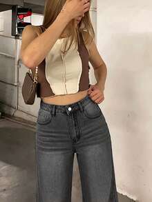 休閒極簡通勤百搭水洗前口袋拉鍊鈕扣女款牛仔褲 - 灰色 - 查看 4