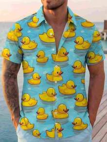 Men's Plus Size Funny Yellow Duck All-Over Print Short Sleeve Floral Shirt, Beach Vacation Style Lapel Casual Shirt - Multicolor - View 3