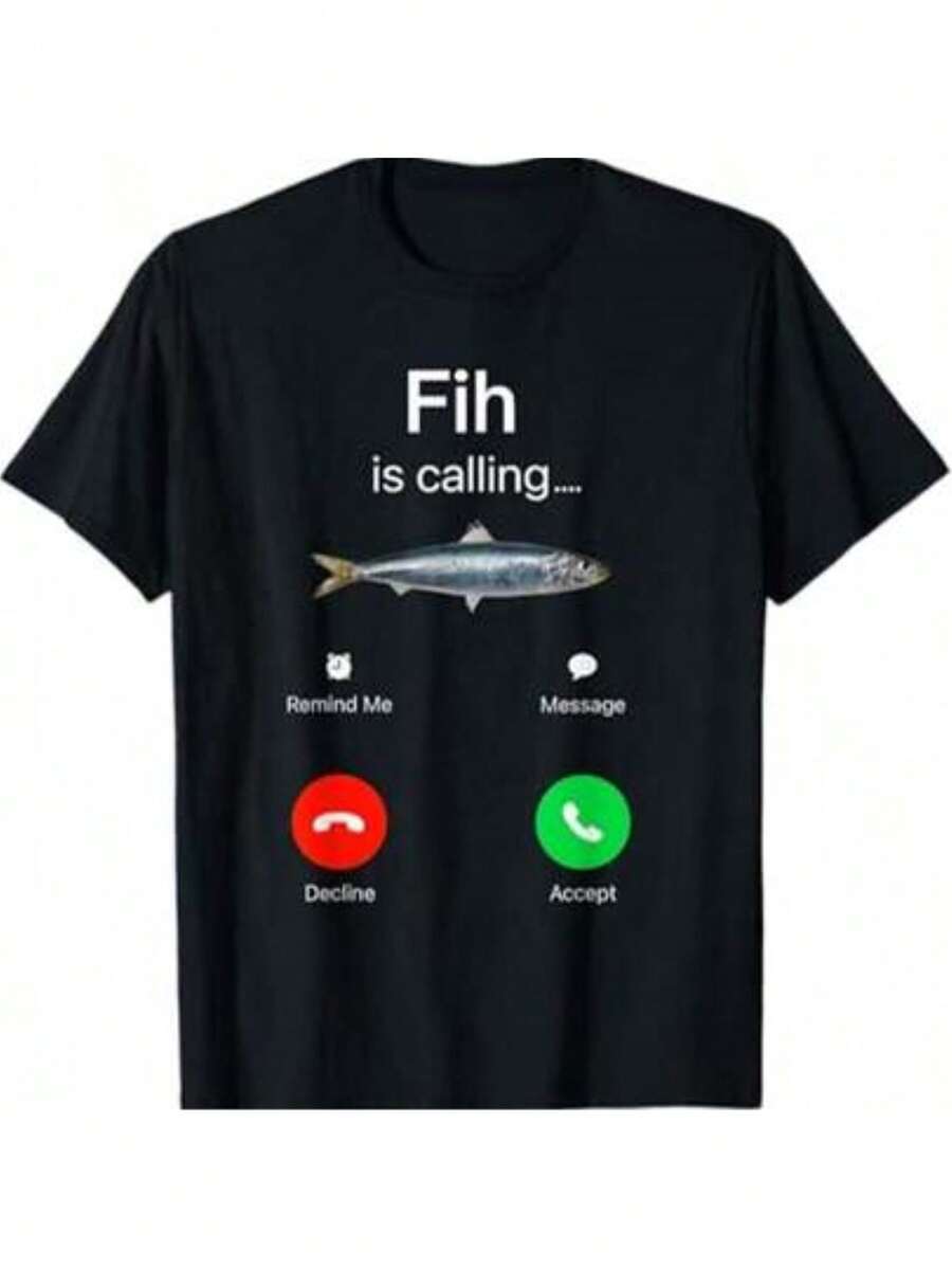100% Cotton Fih Calling Remind Me Message Decline Accept Phone Call Fish T-ShirtFit Casual Streetwear Men Gifts Shortsleeve - Noir - Voir 1