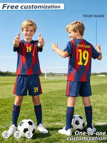 25-26 Year 2-Piece Set Navy Blue Red #19 All-Over Print Burn-Out Football Jersey Set, Personalized Name/Club Customization, Popular Player Style Allover Print Sports Uniform, Short Sleeve Shorts Set, Suitable For Boys Girls Sports, Cycling, Outdoor Running, Football, Star Player Style Jersey Set - Navy Blue - View 4
