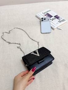 Super Mini Minimalist Sequin Flap Chain Shoulder Bag - Black - View 4