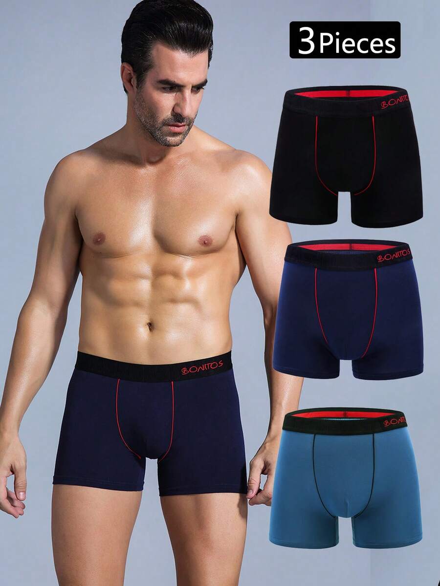 3pcs Men's Letter Waistband Boxer Briefs, Mid-Waist Knit Fabric Short Trunks