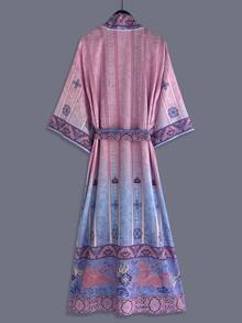 Mid-Length Kimono Sleeve Waist-Cinching Yukata, Gradient Floral & Animal Print Design, Half-Sleeve Open Collar Woven Fabric Robe Pink - Pink - View 1