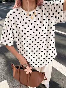 Women's Polka Dot Print Loose Casual Round Neck Short Sleeve T-Shirt Vacation Summer - Black and White - View 3