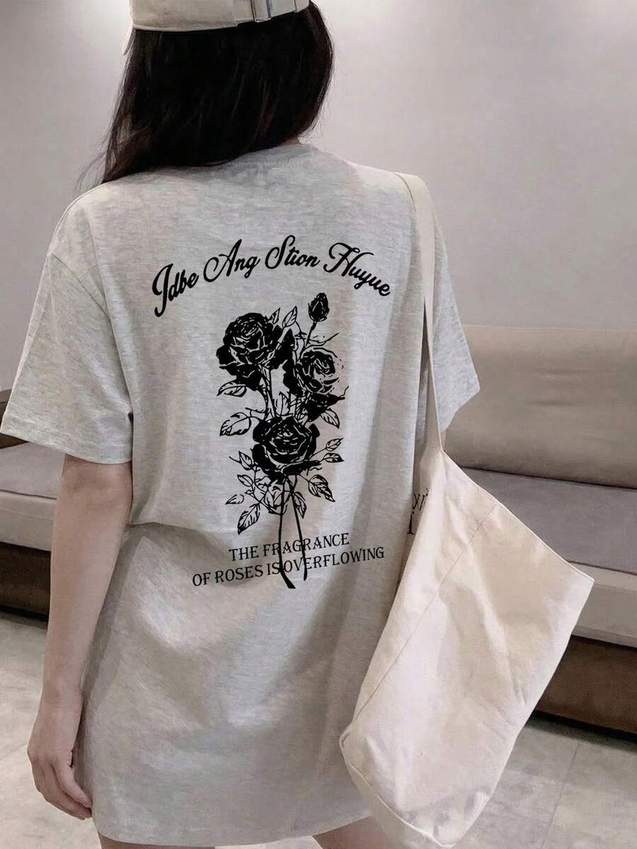 女士圆领宽松百搭简约字母玫瑰花印花短袖T恤,春夏休闲款 - 淺花灰 - 查看 1