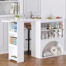 Modern Extendable Bar And Dining Table, Rotating High Small Bar Table – With Pet Area, Without Pet Food Bowl And Pet Cushion, White, Marble-Effect Tabletop, 120(+80)*40*100 Cm - White - View 5