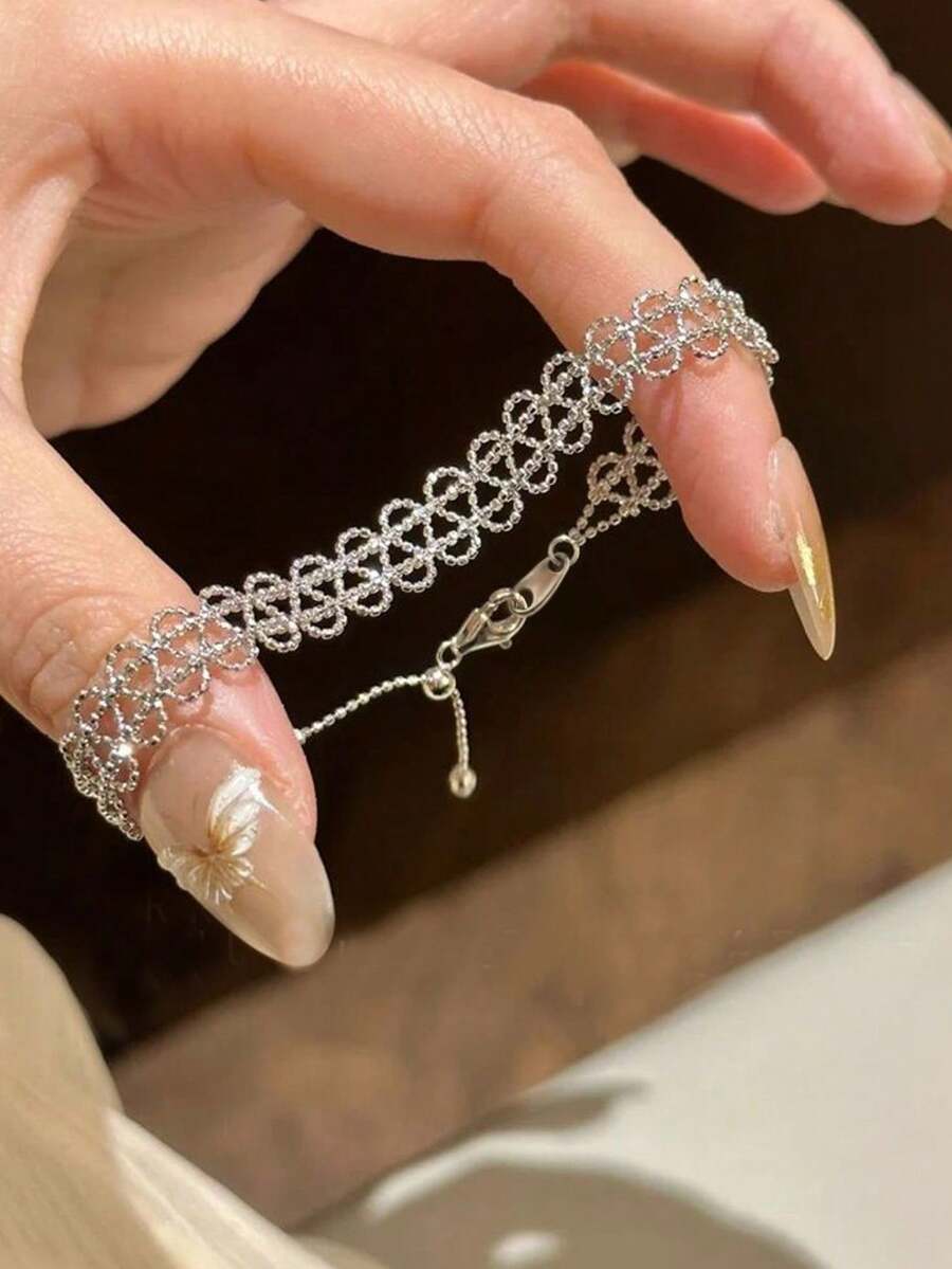 1件装奢华优雅镀金锆石手链，女士方形镀金可调节手链，派对珠宝礼品 - 銀色 - 查看 1