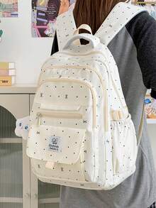 Aesthetic Retro Rucksack, Polka Dot Print Women's Functional Backpack, Large Capacity Multi-Layer Zipper Multi-Pocket Laptop Bag, Teen Girl Campus - Multicolor - View 4