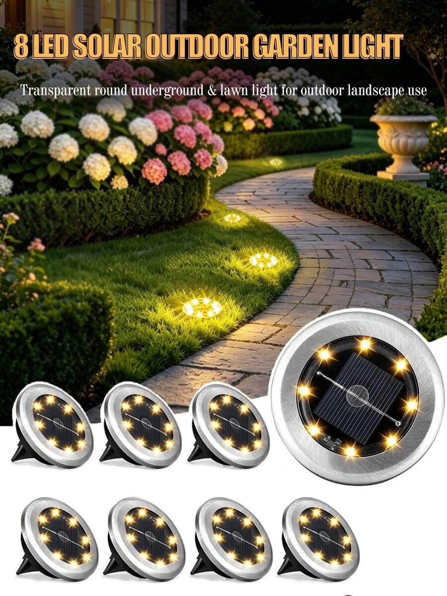 4/8/12 piezas Luces solares empotradas, lámparas solares de exterior de acero inoxidable IP65 a prueba de agua, mini luces de camino de paisaje con encendido/apagado automático, luces decorativas de piso y escalera para jardín, patio, villa, terraza, decoración de Navidad y Halloween - Multicolor - Ver 1