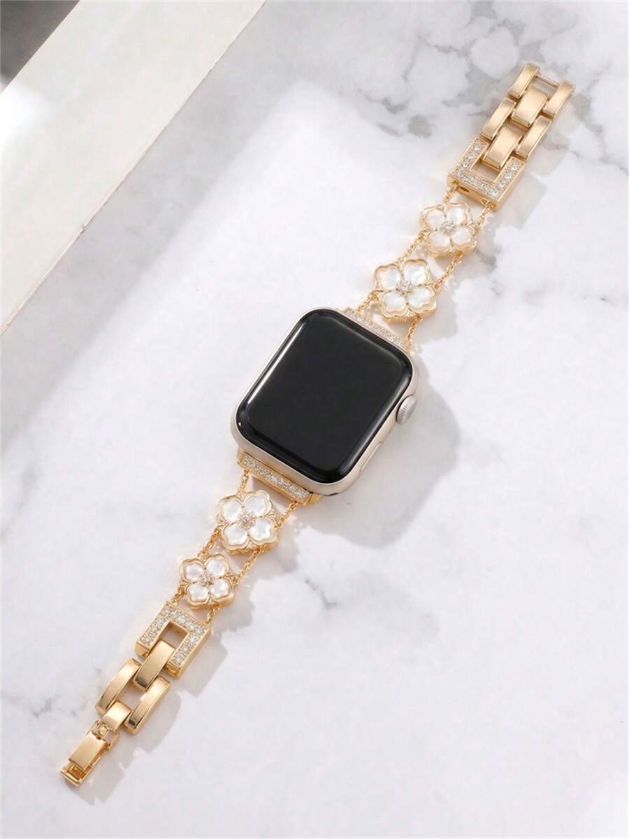 New Colorful Floral Bracelet Watch Band Compatible With Apple Watch 10/8/9/7/6/5/4/3/2/1 Series, Also Suitable For Apple Watch Ultra 40mm 44 41 45 49 42 38mm, Women's Fashion Bracelet Accessory. Not Too Heavy When Worn, Perfectly Fits The Wrist - Golden White Leaves - View 1