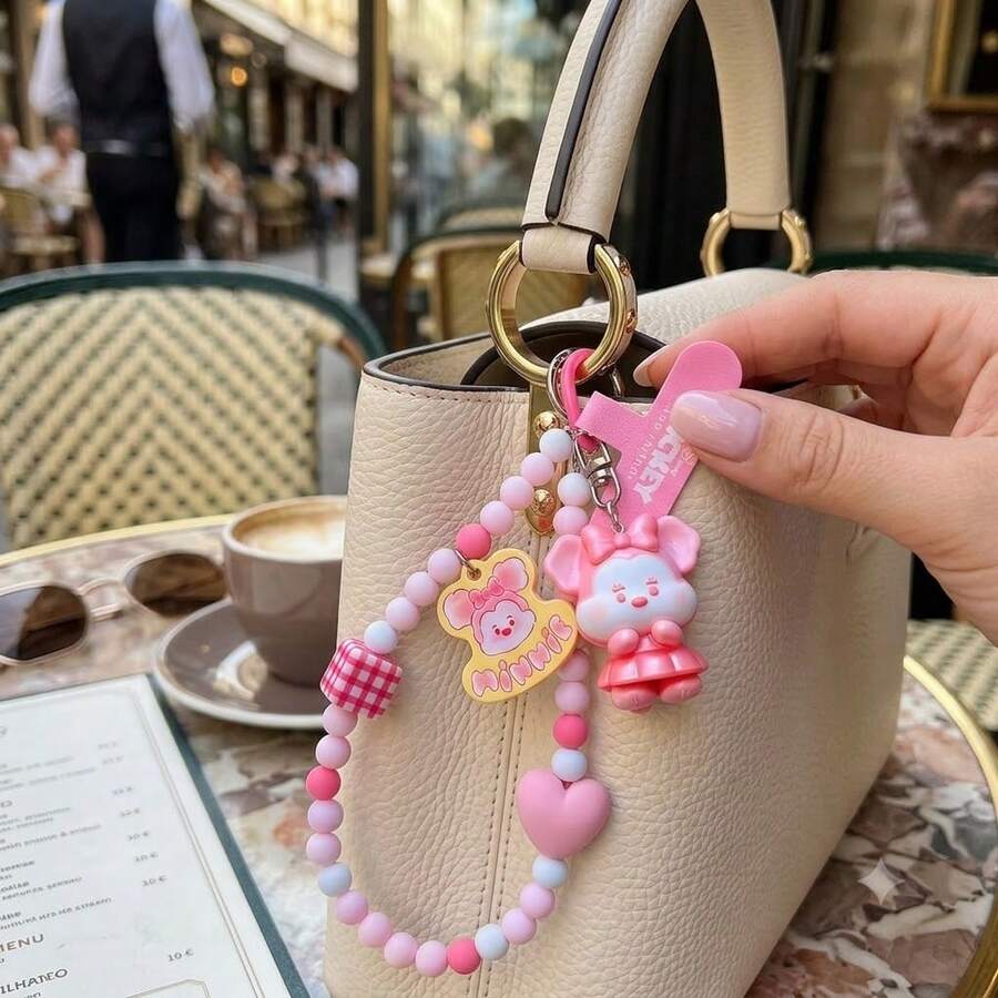 Official Licensed Series Pearlescent Beaded Keychain, Cute Cartoon Character Bag Charm For Backpacks, Handbags & Keys, Fashion Collectible Gift Accessory, Ages 14+ - Pink - View 1