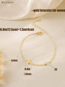 1pc 14K Gold Plated Women's Bracelet, Clover Cross Exquisite Non-Fading Jewelry, Christian Baptism Religious Jewelry Gift - Gold - View 5