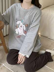 2pcs Women's Pajama Set, Grey Cute Puppy Cartoon Long Sleeve Pants, Loose Casual Cuffed Hem Home Wear Set, Spring/Autumn - Grey - View 2