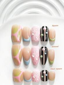 10件裝休閒風手工穿戴式假指甲，Polygel美甲套組，線條、波點與水滴圖案，綠藍粉三色指甲油，時尚風格，含美甲工具，3種尺寸可選，方型、短方型、杏仁形，適合派對、跳舞、日常配戴 - 彩色 - 查看 1