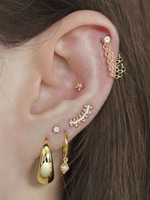 Set de 6 piezas de pendientes delicados de oro, pendientes de perforación de cartílago chapados en oro con cadena de CZ & aros en forma de lágrima, ideal para uso diario
