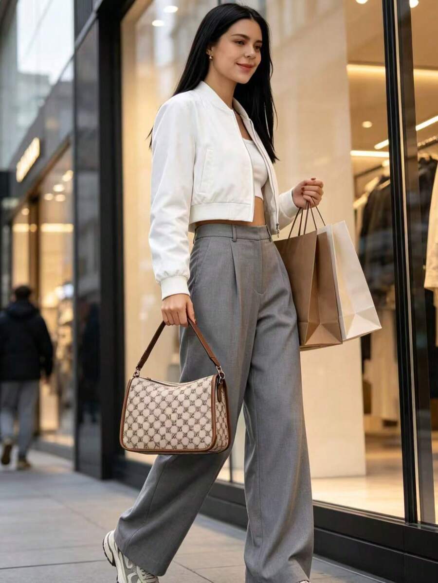 經典格紋女款斜挎包，寬肩帶單肩包，奢華設計師風格，適合通勤與旅行