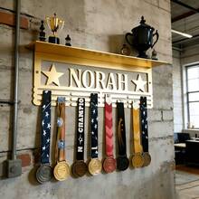 1pc Customized Metal Medal & Trophy Display Rack - Personalized Star Design With Name Logo, Easy Install Home Wall Decor, 12 Hooks & Medal Holder For Personal Honor Medals - Father's Day, Independence Day, Thanksgiving Gift, Running Medal Hanger - Gold - View 7