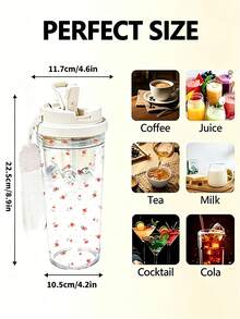 1pc/5pcs 500ml Soft Ribbon Bow Tiny Rose Themed Flip Lid Cup, Transparent Plastic Straw Bottle With Cream Webbing Lanyard, Scattered Mini Bloom Pattern For School Daily Use - Multicolor - View 4