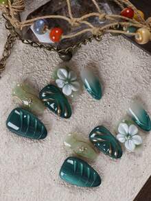 10pcs Press On Nails Almond Green Cat's Eye Flower Golden Thread Nails Handmade Press On Nails Fake Nails Artificial Nails Kit Includes 1sheet Adhesive Tabs &1 Pc Mini File - Multicolor - View 2