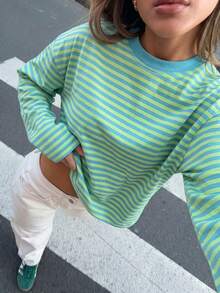 Women's Casual Top, Striped Color Block Ribbed Knit, Everyday Wear, Spring/Autumn - Teal - View 4