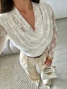 Women's Autumn White Floral Sheer Mesh Cowl Neck Ruched Slim Fit Lace Top, Suitable For Dating, Business Commute, Vacation, Office Wear, Afternoon Tea Gathering, Party And Other Occasions - White - View 2