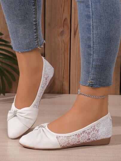Summer New Hollow Mesh Women's Slip-On Shoes Plus Size White Bow Knot Loafers