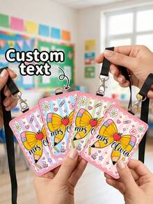 1pc Custom Teacher Name Luggage Tag,Striped Bow Pencil Badge Holder,ID Card Cover,Teacher Appreciation Gift,Back To School,First Of School Staff Tag - Multicolor - View 1