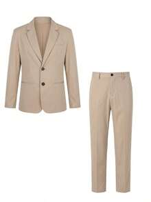 Men's 2-Piece Suit Set, Solid Color Single-Breasted Blazer And Pants, Suitable For Spring, Summer, Autumn, Casual, Business, Commuting - Khaki - View 3