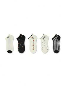 ZUJO 5 Pasang Kaos Kaki Pendek Wanita Hitam & Putih, Motif Polkadot & Bunga Kecil & Pita & Papan Catur, Cocok untuk Pemakaian Sehari-hari, Sederhana dengan Warna Acak - Hitam dan Putih - View 5