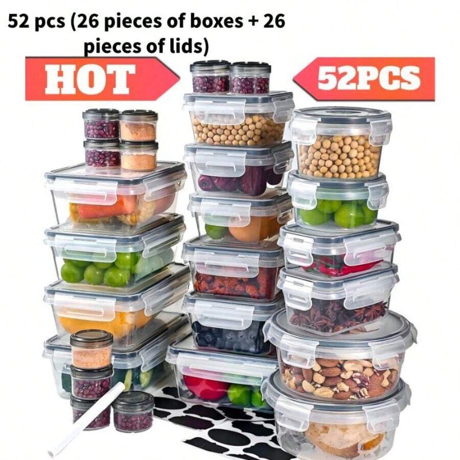 Juego de 48/52 recipientes para almacenar alimentos, cajas de cocina a prueba de fugas para preparar comidas. Local Warehouse: diseño sellado, tapas fáciles de cerrar, apilables. Incluye 24/26 loncheras, 24/26 tapas, etiquetas y marcadores gratuitos. Ideal para organizar la cocina y la despensa. - Juego de 52 piezas blanco - Ver 1