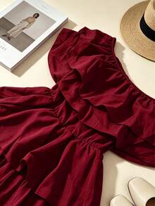 Summer New Plus Size Solid Color Ruffled Multi-Layered Tiered Cake Shorts Off-Shoulder Elegant Sexy Romper - Burgundy - View 7