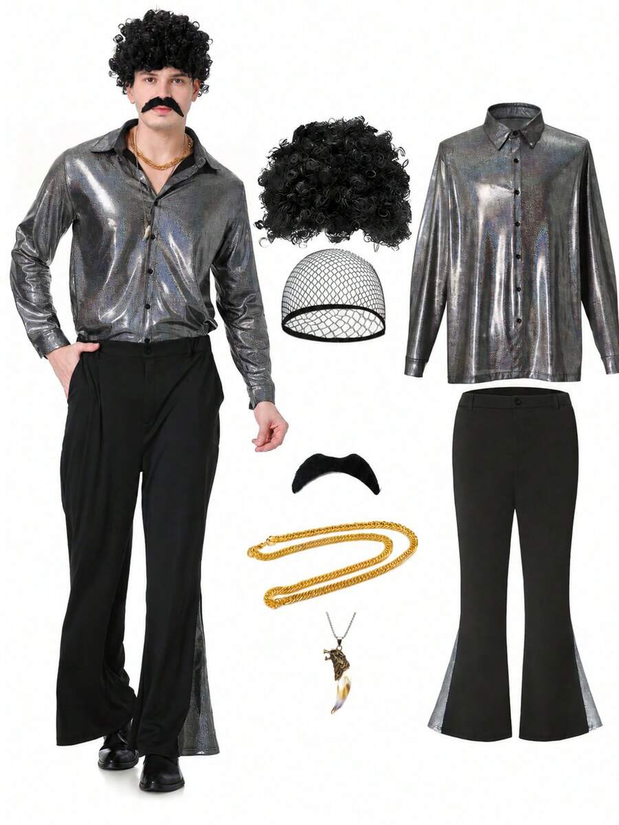 Men's 70s Disco Halloween Costume Set – Bell Bottom Pants, Retro Shirt, Wig, Necklace, Fake Mustache & Accessories For 1970s Fancy Dress Party - Silver - View 1