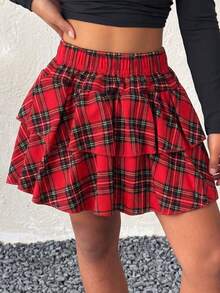 1pc Girls Fashion Versatile Retro Classic Plaid Skirt Spring Summer Autumn Back To School - Red - View 6