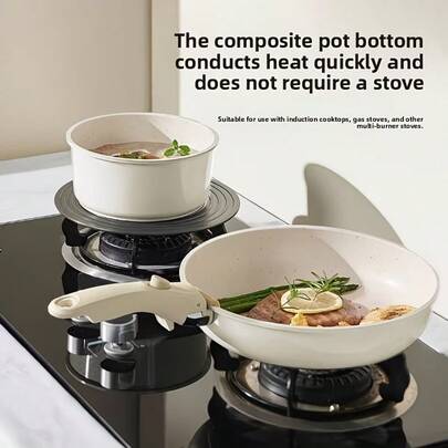 Detachable Handle Non Stick Cookware Set (4-Piece Set), Versatile Pan And Flat Bottomed Pan, Suitable For Deep Frying, Stir Frying, Boiling, Suitable For Home, Camping, And Induction Cookers, Essential Kitchen Utensil Set For Stackable Storage