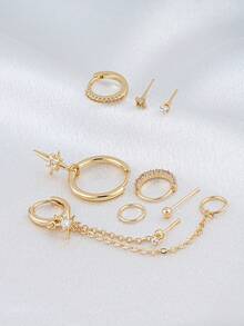 8-teiliges Set aus Ketten-Ohrringen mit Sternanhänger und eingelegtem kubischem Zirkonia, exquisit und modisch, geeignet für den täglichen Gebrauch, Dates, Partys und Treffen, zum Layering für Damen - Goldgelb - Übersicht 4