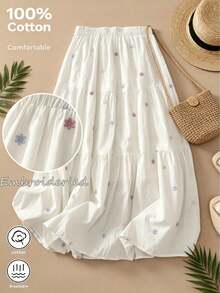 Lässiger eleganter böhmischer bestickter weißer Rock Boho-Stil Blumenstickerei Rock für den täglichen Gebrauch & Reisen Frühling/Sommer Urlaub - Weiss - Übersicht 1