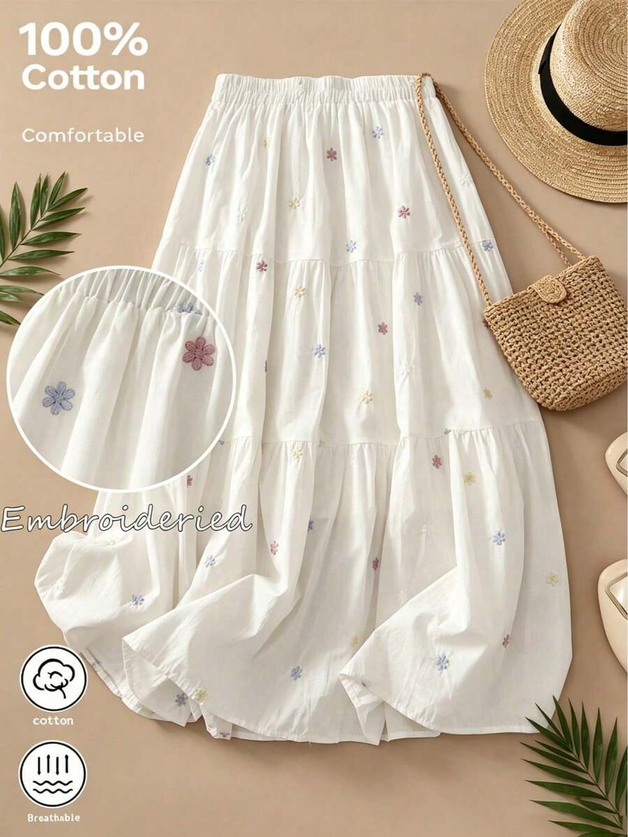 Lässiger eleganter böhmischer bestickter weißer Rock Boho-Stil Blumenstickerei Rock für den täglichen Gebrauch & Reisen Frühling/Sommer Urlaub - Weiss - Übersicht 1
