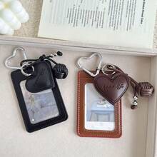 Photo Card Holder Keychain - 1pc PU Leather 3-Inch Photo Card Holder With Detachable Metal Heart Charm And Leather Heart Charm, Cute Double Slot Protective Case, Suitable For Idol Photo Cards, ID Cards And Credit Cards, Perfect For Back To School Gifts - A - View 3